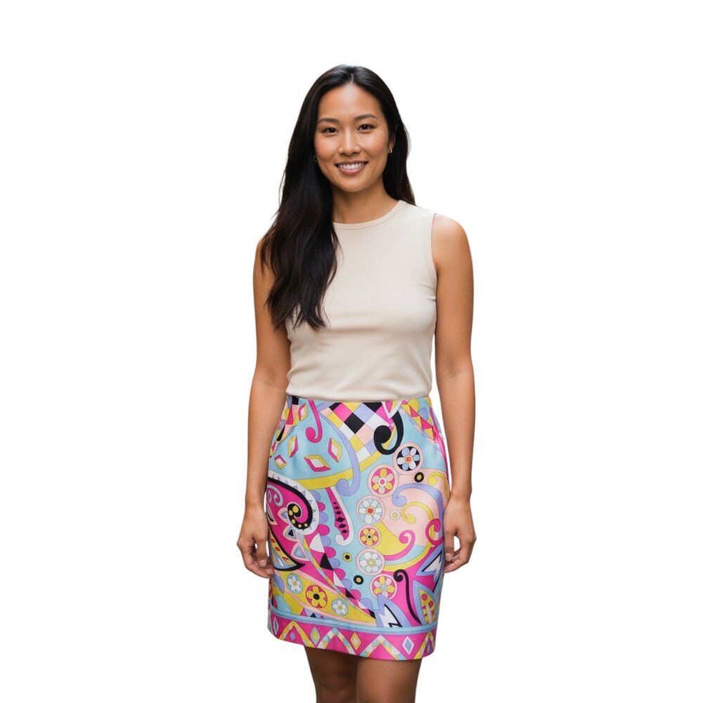 Melly M 100% Silk Mod Paisley Mini Skirt Colorful Retro Print Size 12